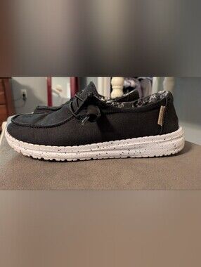 Hey Dude Black Canvas Slip-On Loafers with White Speckled Sole